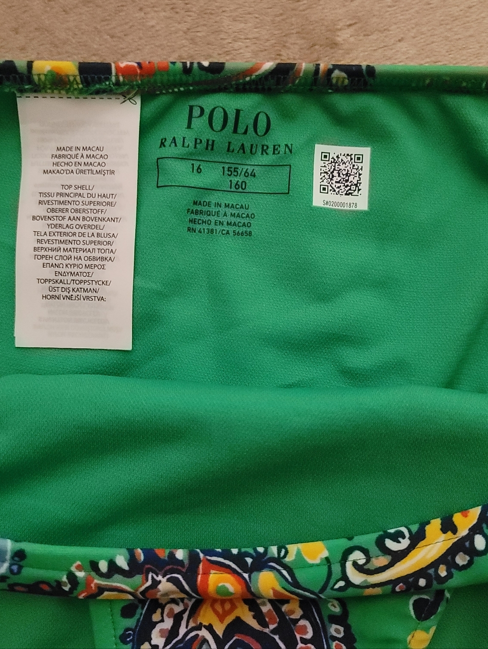Polo Ralph Lauren Green/Blue/Yellow/Orange/White Paisley 2 Pcs Swim Suit Size 16 - Picture 4 of 5